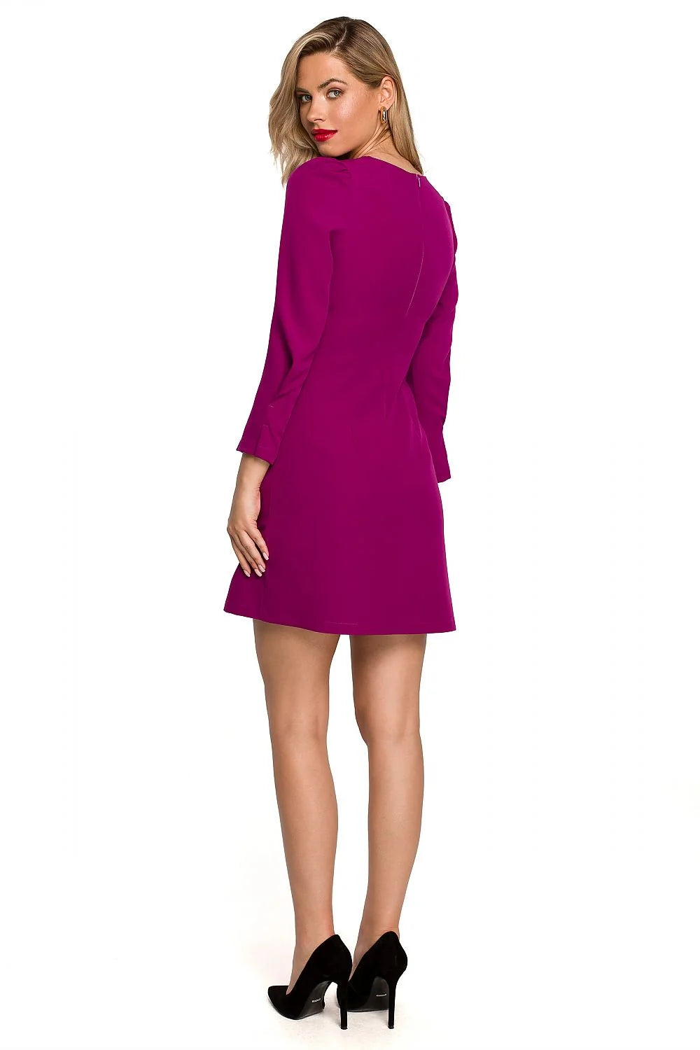 Robe de jour élégante en fuchsia vif, coupe droite, manches longues, poches boutons dorés, polyester 95% femme