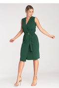 Robe élégante vert foncé sans manches ceinture dorée en V dos nu polyester viscose femme