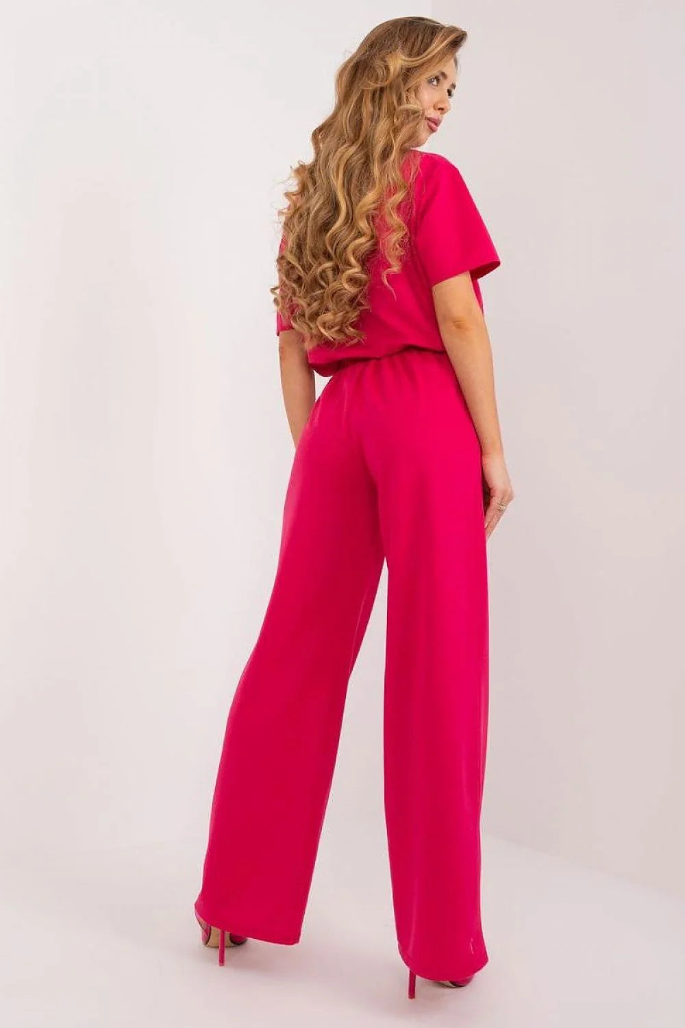 pantalon femme Lakerta fuchsia taille haute cordon élastique poches latérales jambe large tissu fluide crêpe tombé structuré élégant polyvalent soirée