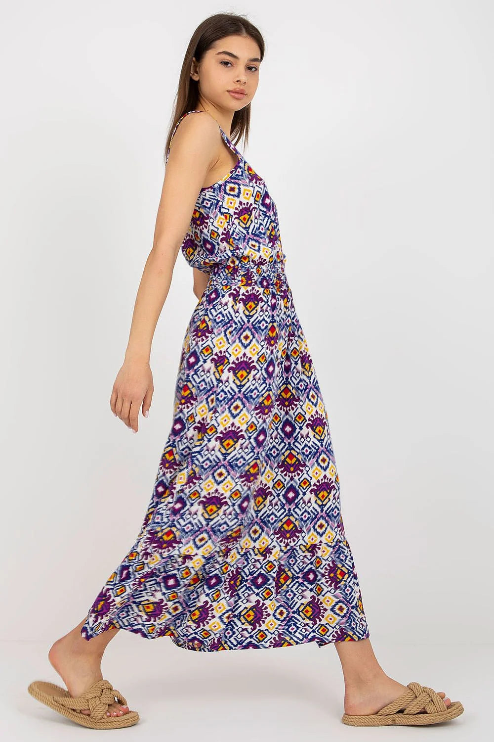 Robe longue femme été sans manches col rond imprimé ikat multicolore élastique taille ourlet volants viscose 100%