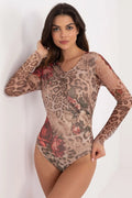 Body Italy Moda pour femmes, imprimé animal et floral, manches longues, col rond, matière stretch, look audacieux et élégant