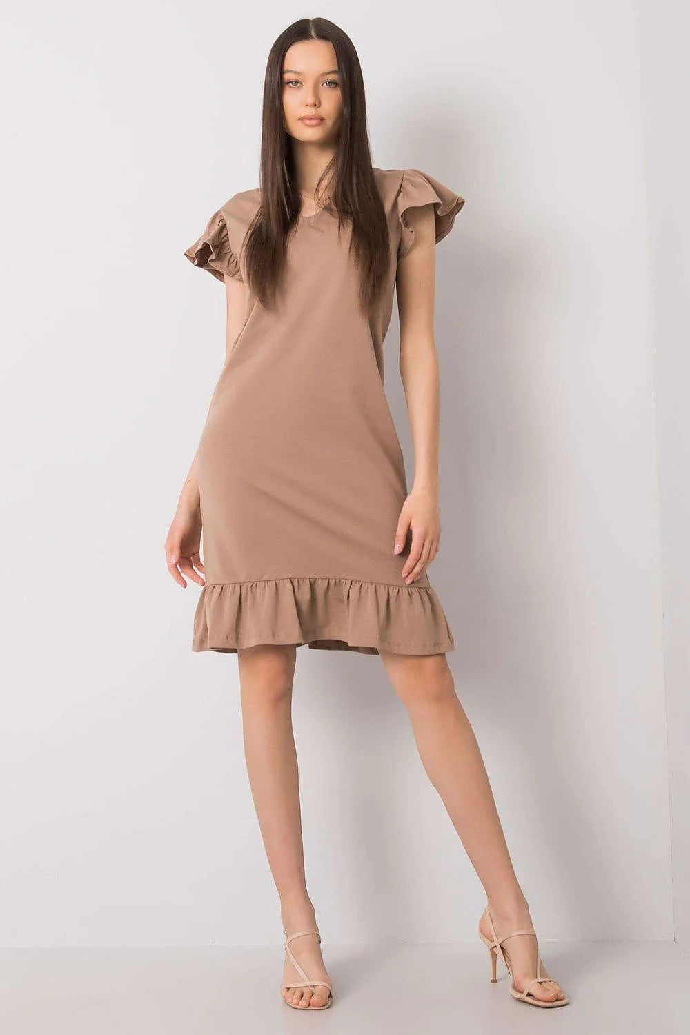 Robe de jour Fancy manches courtes volants coton taupé ajustée féminine polyvalente été printemps