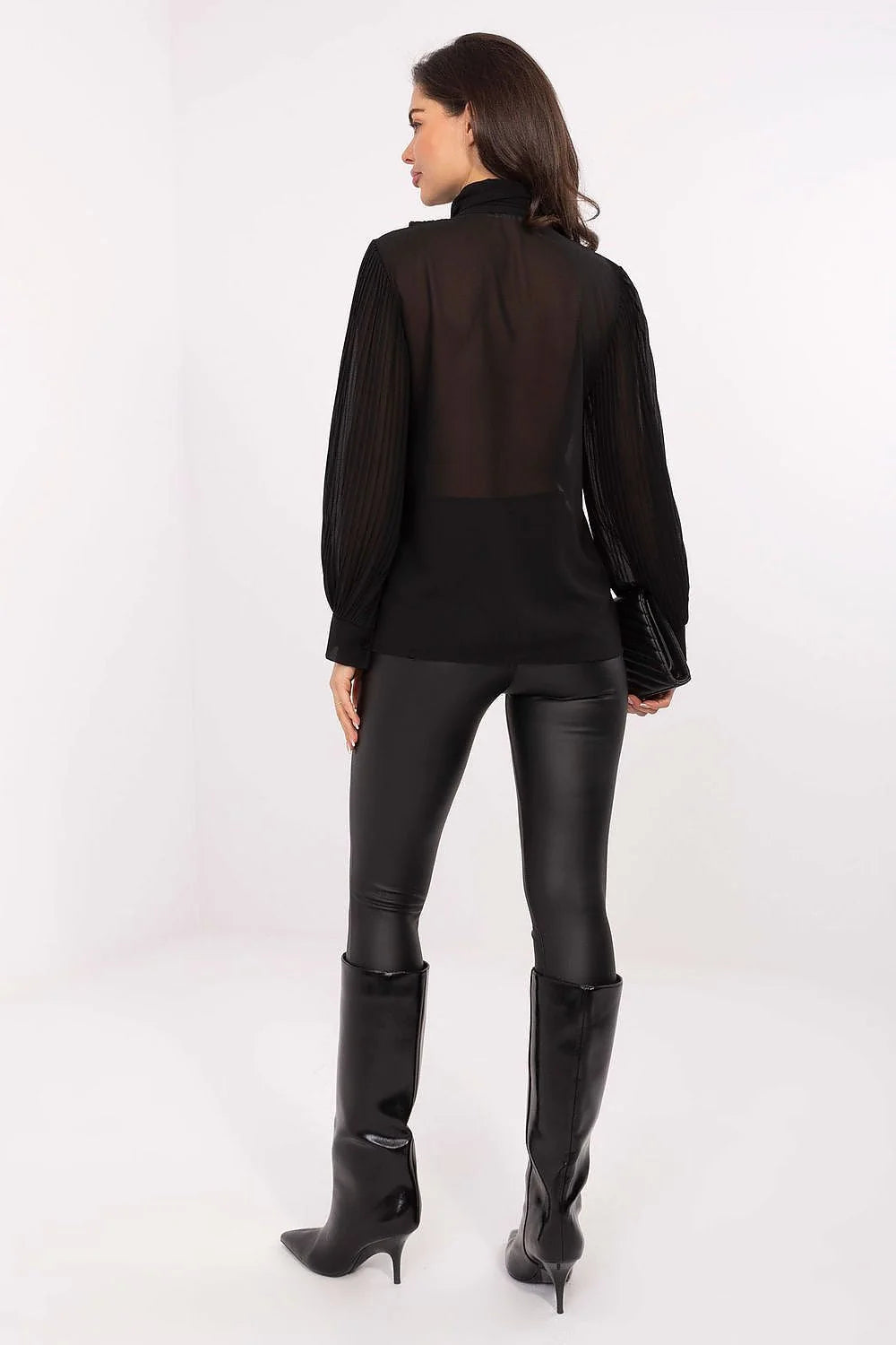 chemise femme noire col classique lavallière nouée jabot plissé volants superposés manches longues transparentes ballon chiffon léger fluide polyester élasthanne
