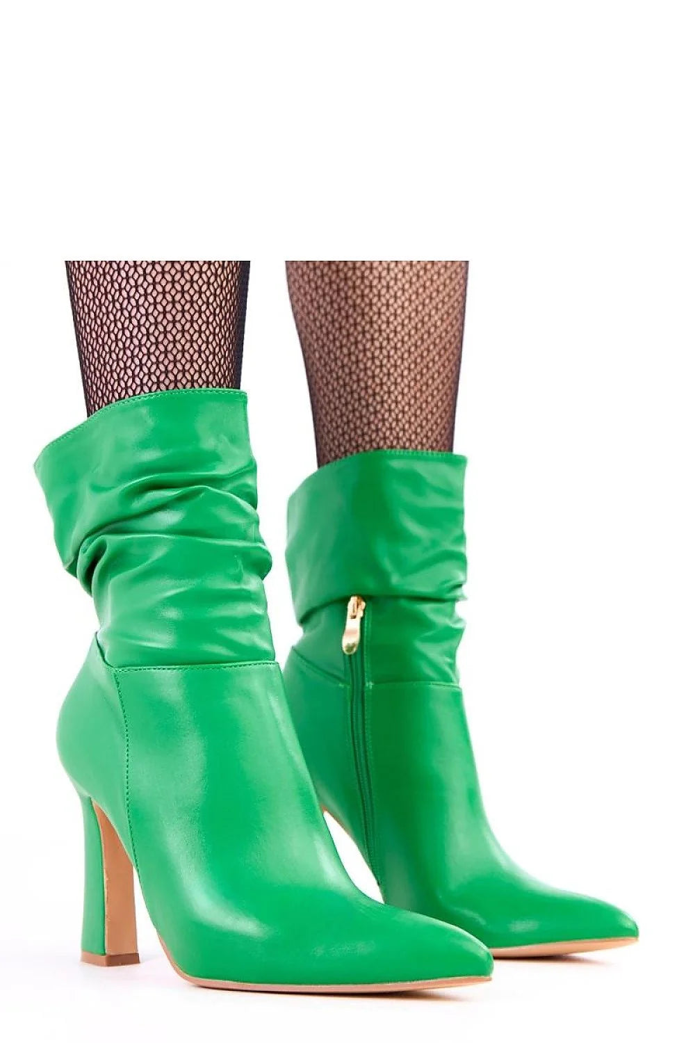 bottines talon haut sculpté bout pointu cheville tige froncée plissée vert émeraude cuir synthétique fermeture éclair dorée semelle beige confortable