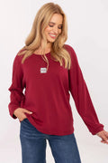 chemisier coton élasthanne manches longues oversize décontracté bordeaux logo blanc encolure ronde épaules tombantes ourlet arrondi jersey extensible confortable