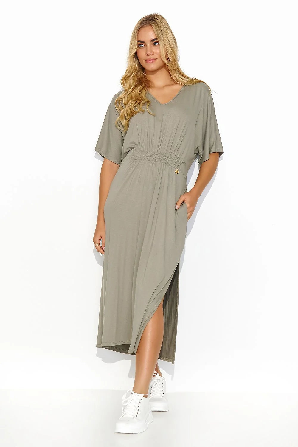 robe midi ample estivale maille légère douceur manches kimono courtes taille froncée cordon doré bling glamour fente latérale