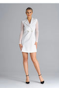 Robe blazer élégante pour femme en blanc avec manches transparentes et dos en maille, taille ajustable, soirée, événements formels
