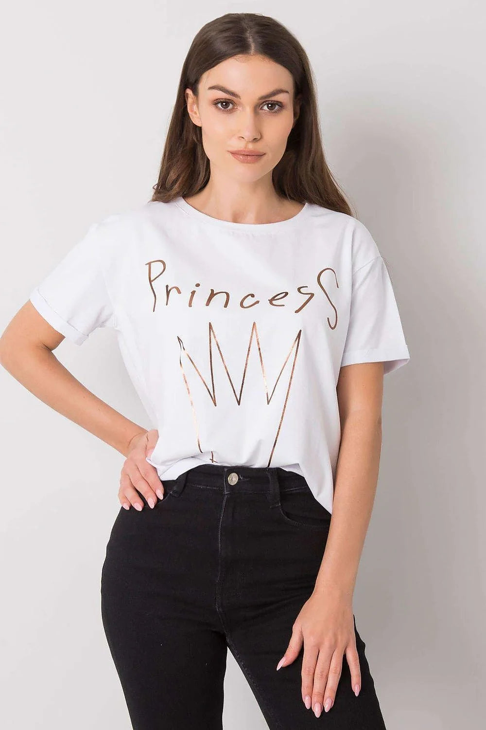 T-shirt Fancy pour femme, style décontracté, coupe ample, manches courtes, encolure ronde, impression graphique Princess, coton 95% lycra 5%, bleu clair, finitions épurées, mode Casual