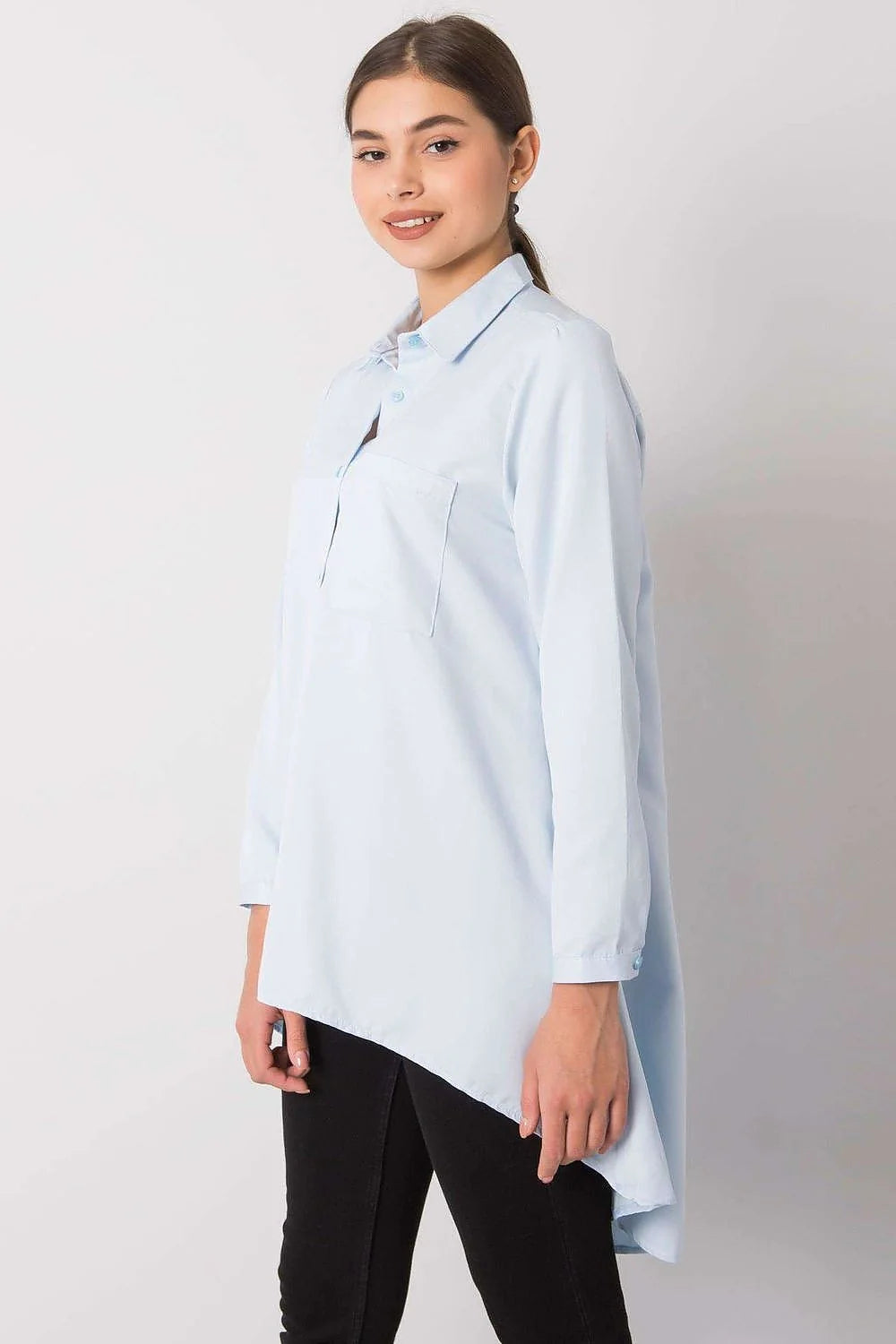 Chemise longue manches longues Ex Moda en coton bleu ciel pour femmes, style élégant et polyvalent