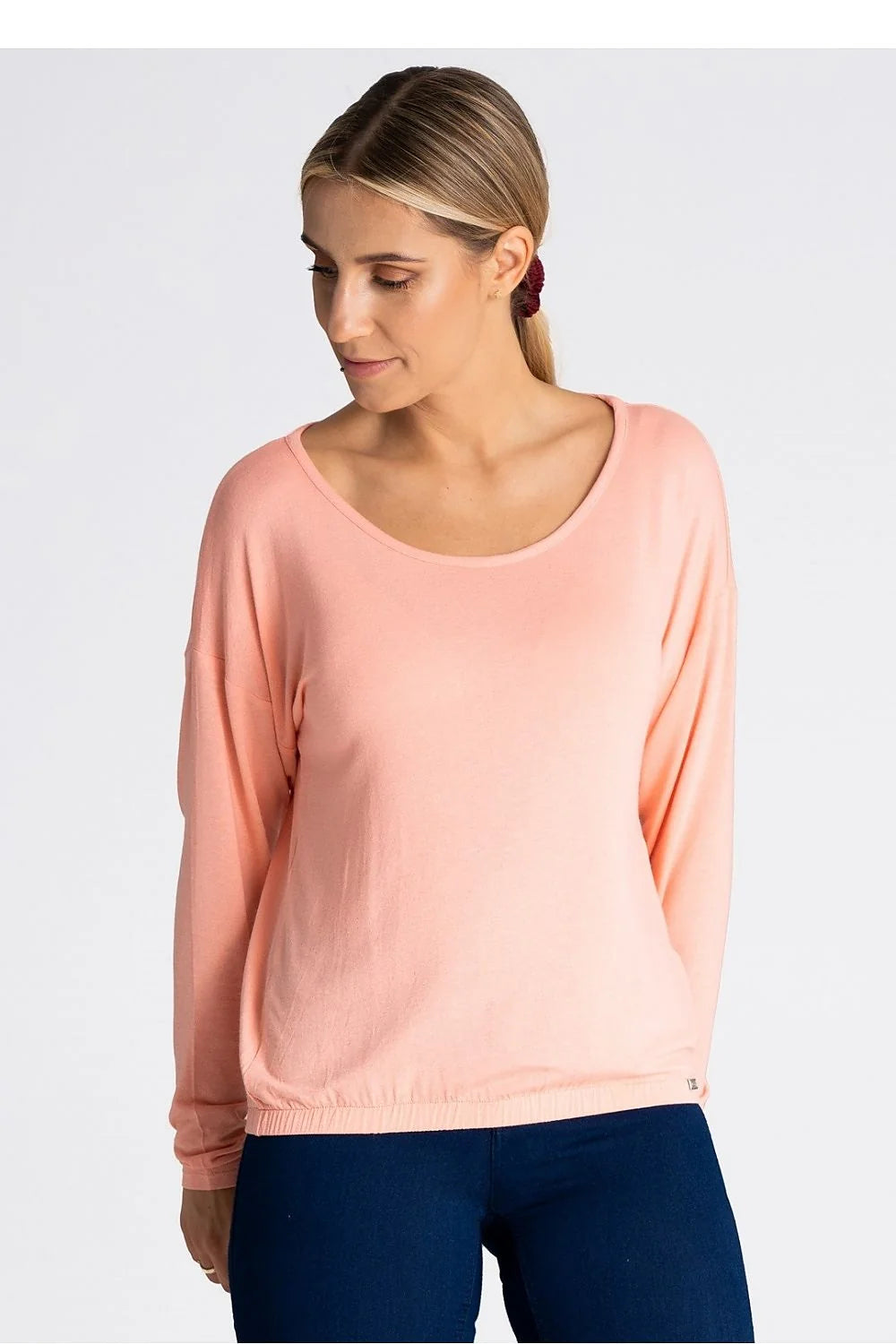 Chemisier femme style décontracté manches longues col rond coupe ample elastique bas rose pastel