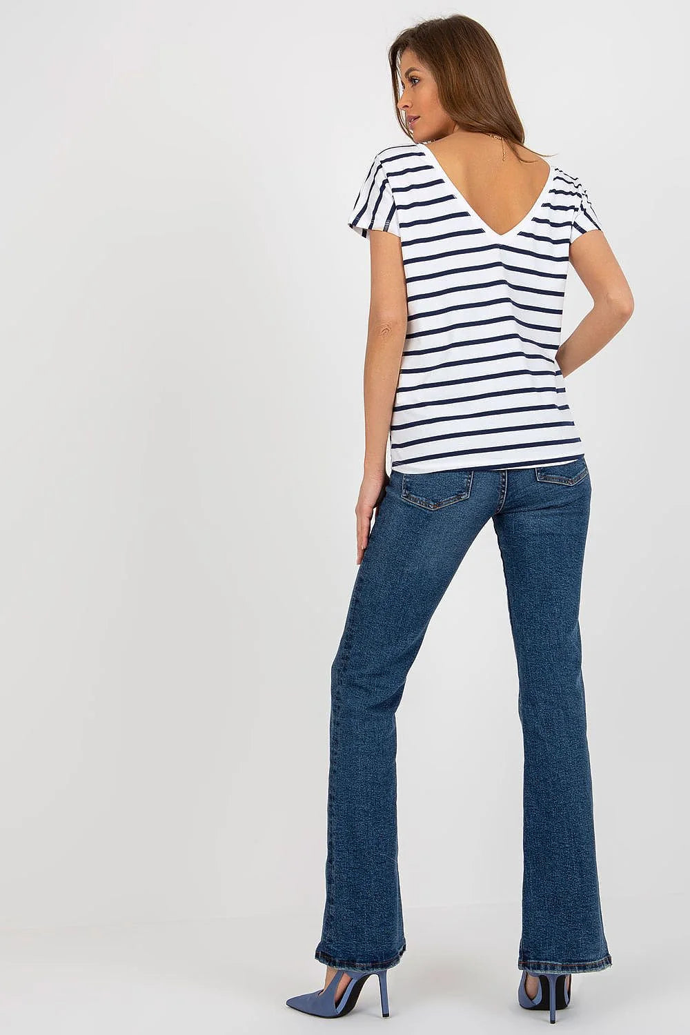 T-shirt à rayures bleu marine et blanc pour femme, coupe décontractée, manches courtes, encolure ronde, tissu coton elasthanne, taille ajustable