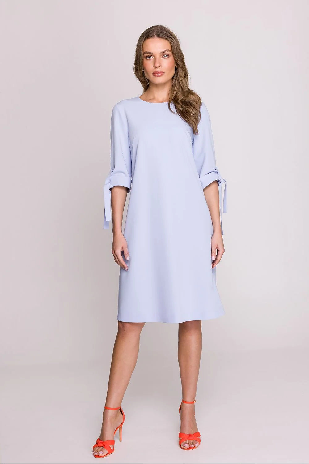 Robe de jour Stylove coupe A tissu de haute qualité manches 3/4 noeud couleur bleu pastel genou length femme