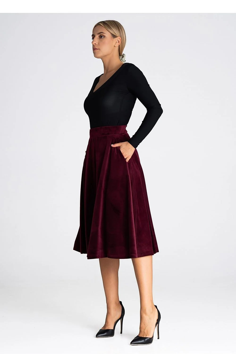 Ensemble mode femme haut manches longues jupe midi évasée bordeaux noir velours jersey taille ajustable occasion semi-formelle