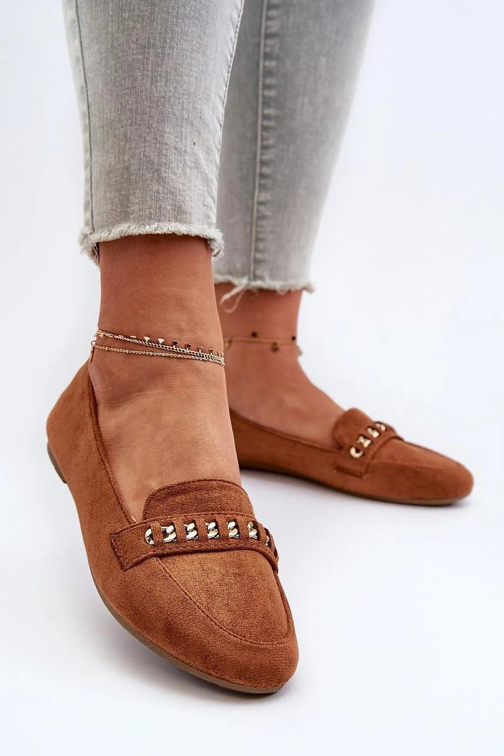 Mocassins pour femme en suédine écologique style élégant détails métalliques argentés confort maximal occasion quotidienne