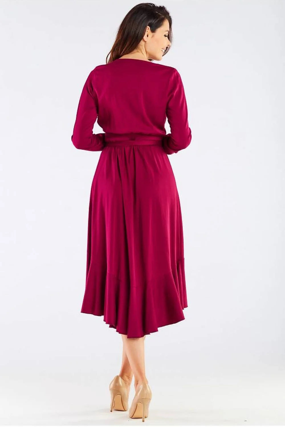 robe cocktail élégante viscose bordeaux portefeuille midi cintrée ceinture intégrée manches longues asymétrique volants cascade ourlet fluide léger