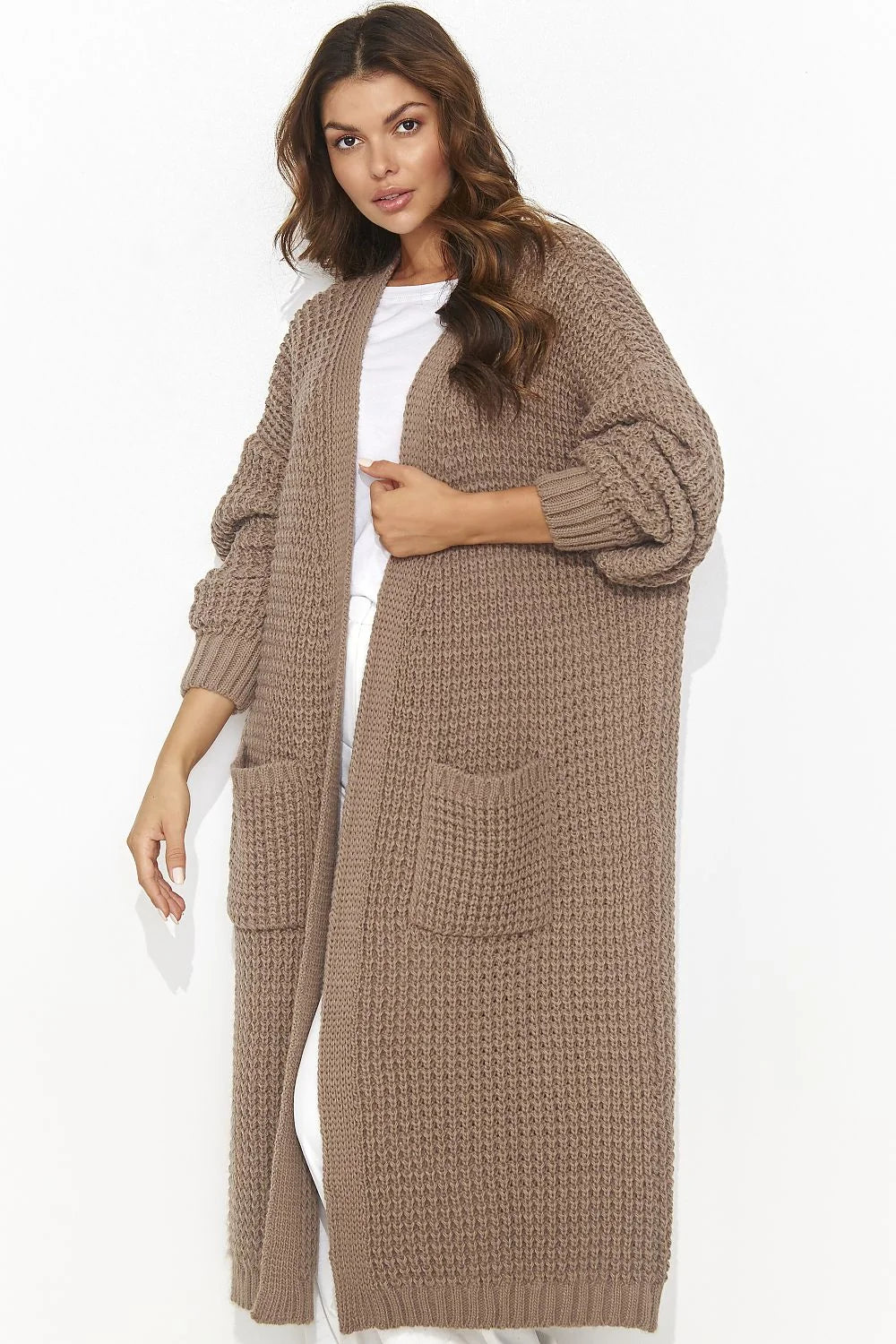 Cardigan pour femmes long maille épaisse taupe manches longues poches frontales sans boutons coupe décontractée garde-robe polyvalente