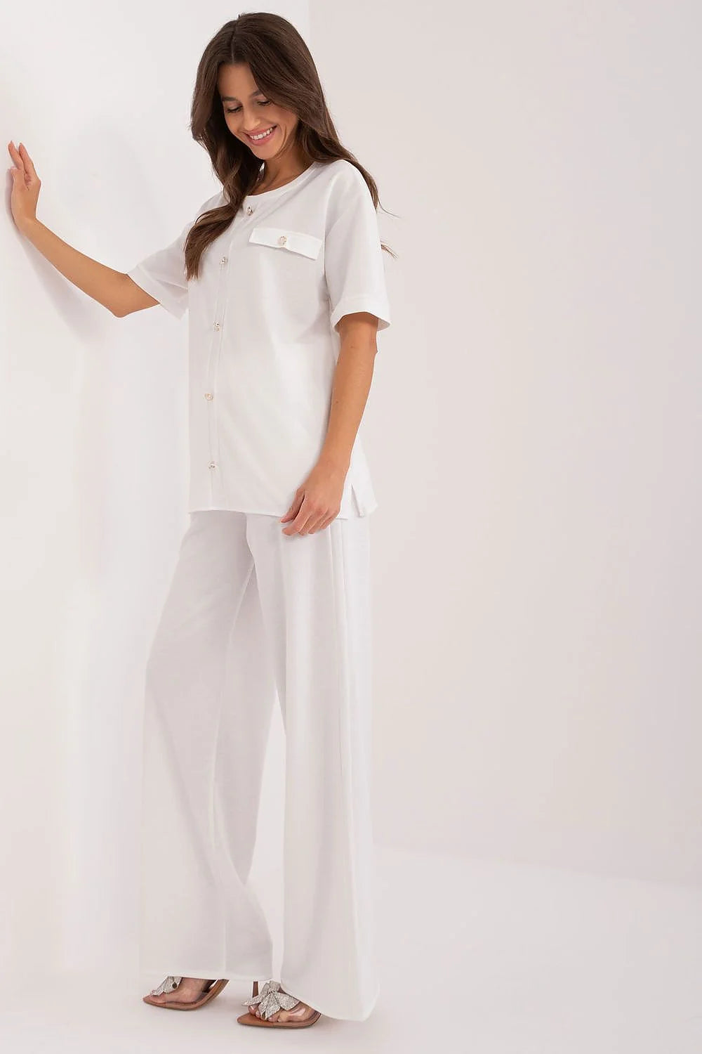 Ensemble Lakerta pour femme, chemisier et pantalon blancs, style élégant, coupe droite et ample, occasions quotidiennes et travail