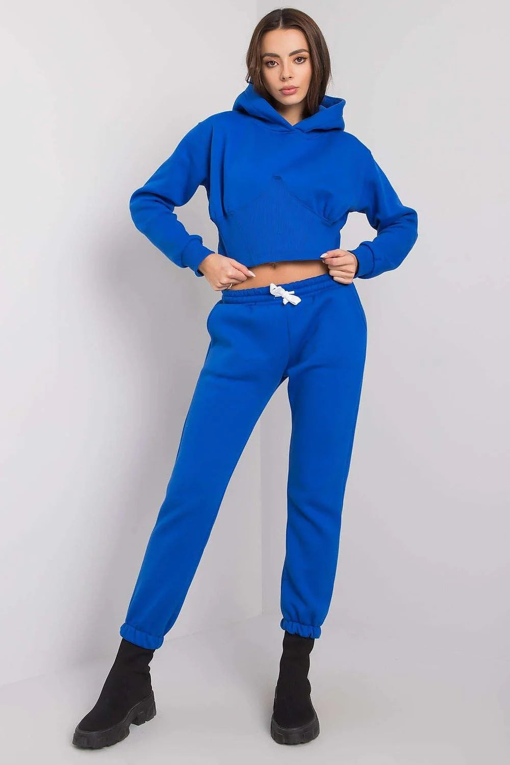 Ensemble Ex Moda pour femmes sweat à capuche pantalon jogging coton polyester bleu vif coupe moderne crop top taille ajustable