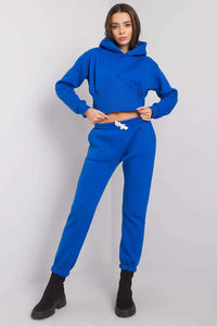 Ensemble Ex Moda coton polyester bleu coupé moderne crop top sweat capuche pantalon jogging taille ajustable style athlétique