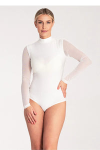 Body pour femme manches longues col montant dos en forme de goutte d'eau tissu extensible couleur blanche taille ajustable