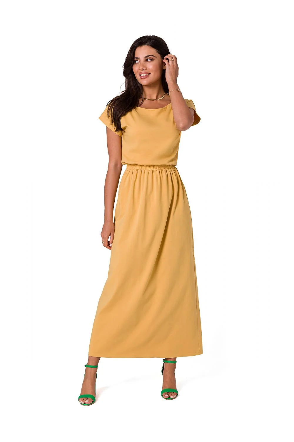 robe longue maxi coton élégante manches courtes encolure bateau vert émeraude taille élastiquée cintrée fluide douce extensible tombé lisse cheville