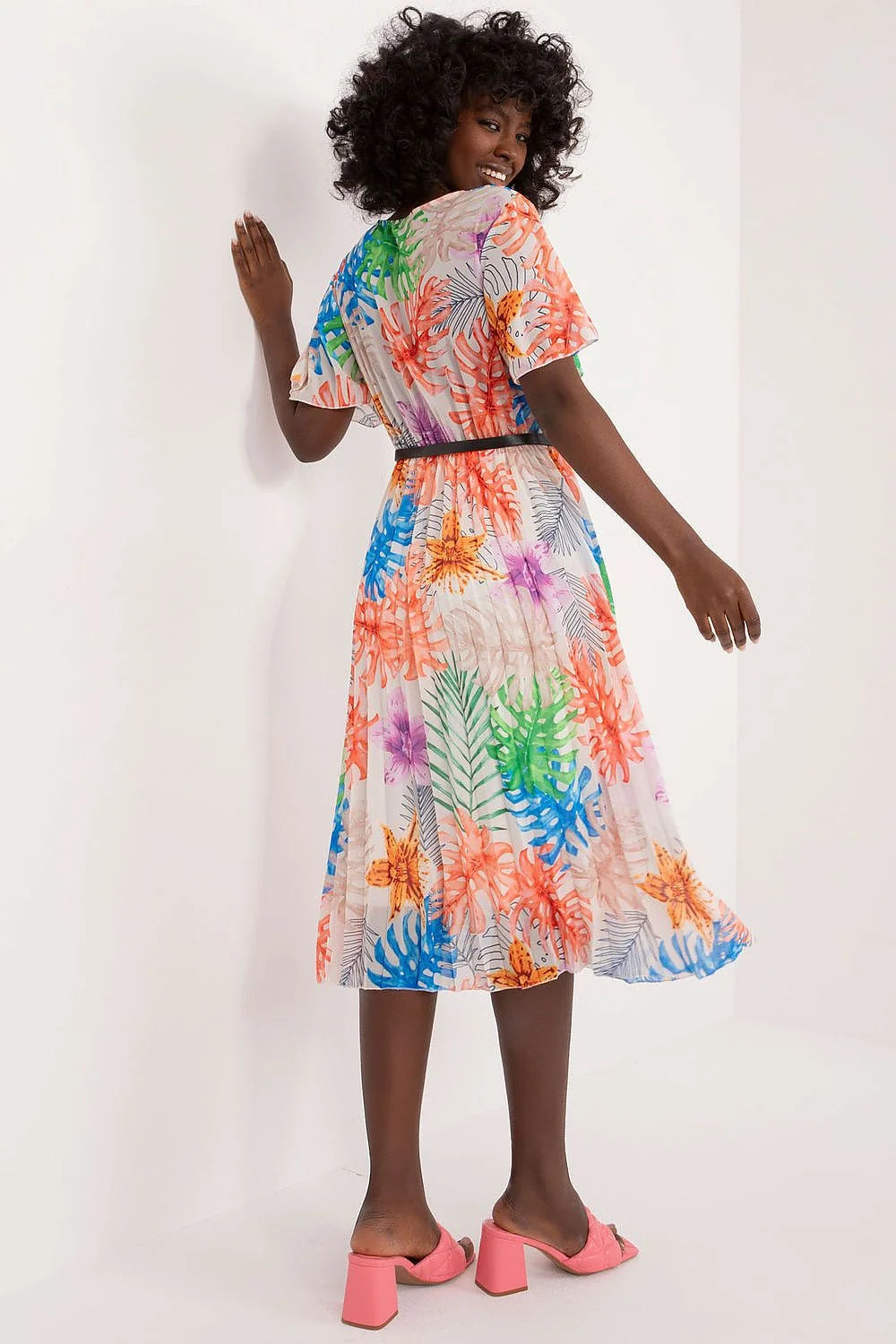 Robe de jour Italy Moda imprimé floral tropical multicolore V-neck manches courtes ceinture noire polyester femme
