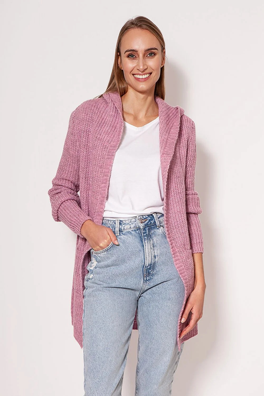 Cardigan long ouvert pour femme en tricot maille rouge vif coupe ample épaules tombantes manches longues poches intégrées matières mixtes acrylique polyester laine