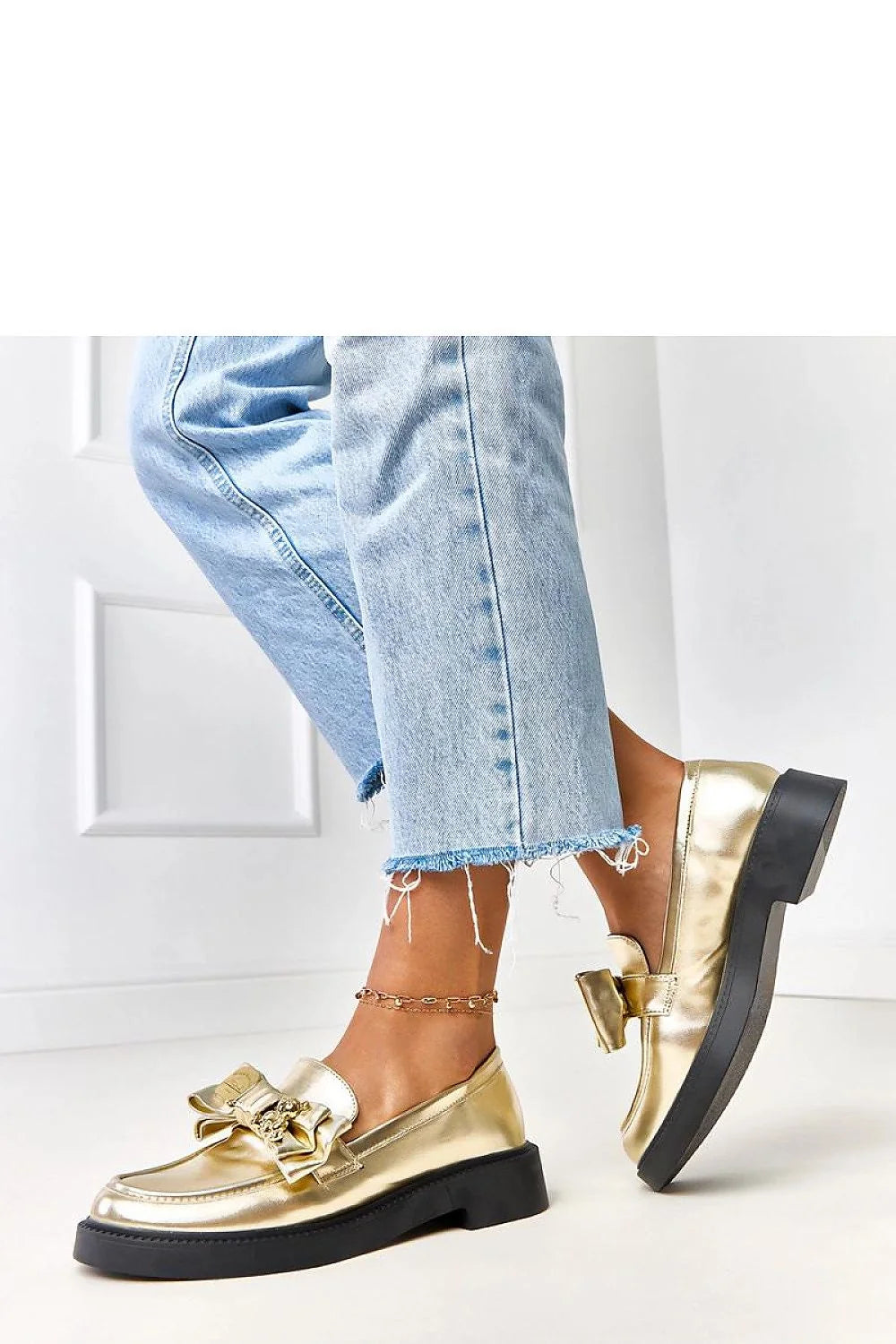 mocassins loafers femme beige métallisée dorée nœud décoratif plaque chaînette cuir synthétique semelle intérieure plateforme crantée confortable quotidien talon 3cm