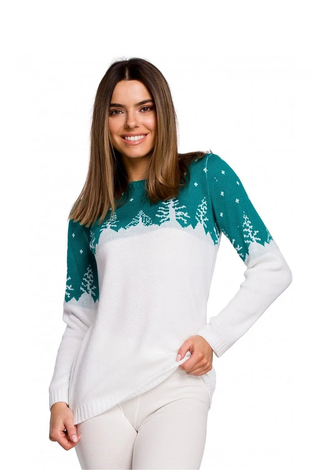 Pull tricot hivernal élégant décontracté motif sapin vert émeraude col rond manches longues femmes