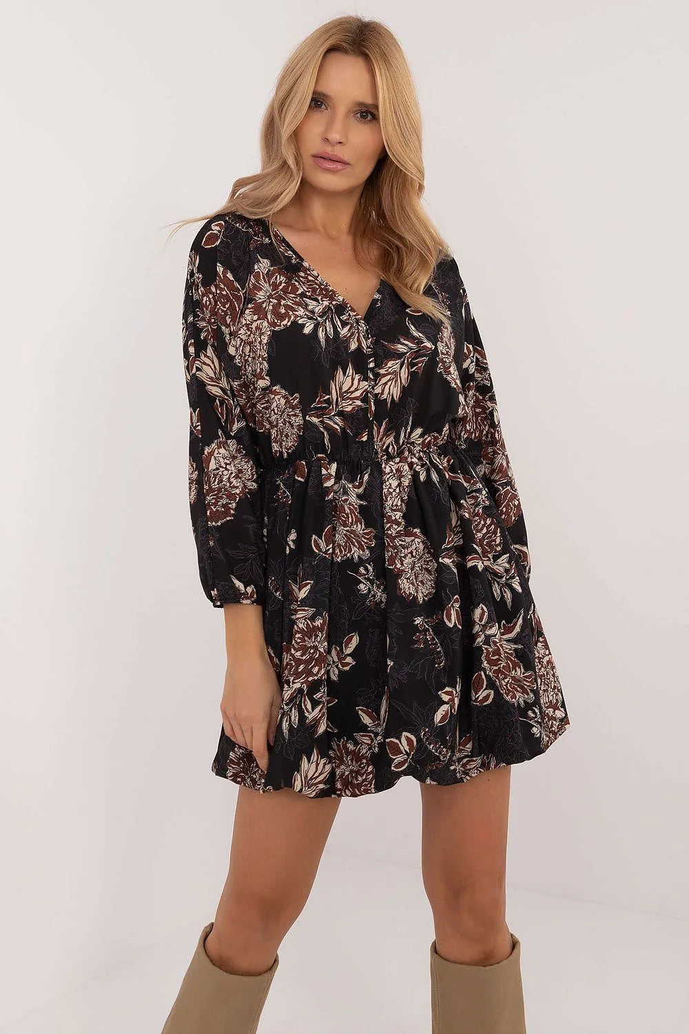 Robe de jour Italy Moda robe féminine design chic bohème motif floral noir brun crème manches longues décolleté en V taille cintrée
