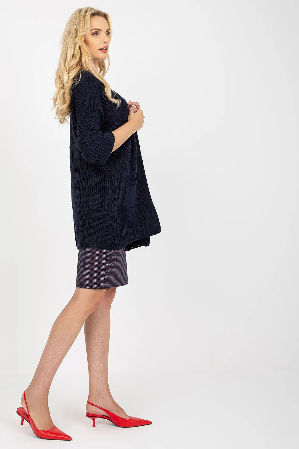 cardigan long femme maille texturée oversize coupe ouverte manches trois quarts retroussées poches plaquées côtelé épais confortable polyvalent automne hiver