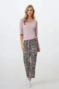 Pyjama femme élégant 2 pièces manches 3/4 col rond pantalon large élastique couleur lavande imprimé floral geométrique