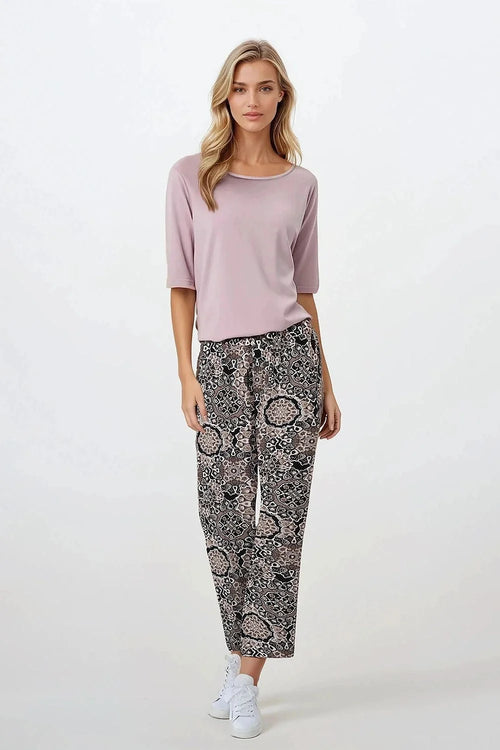 Pyjama femme élégant 2 pièces manches 3/4 col rond pantalon large élastique couleur lavande imprimé floral geométrique