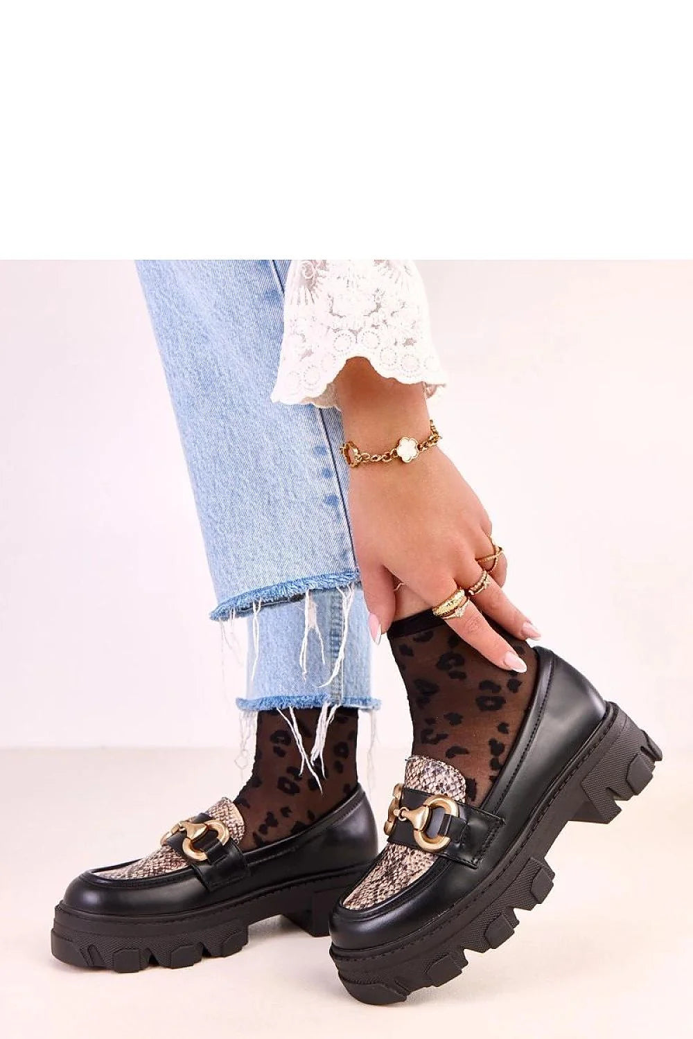 mocassins femme cuir écologique noir empiècement python mors doré plateforme chunky semelle crantée talon 45mm arrondi chaude confort élégant