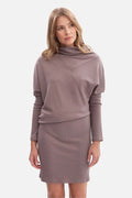 robe côtelée maille extensible mauve taupe oversize drapé col cheminée manches longues dolman jupe fourreau ajustée taille marquée silhouette affinée
