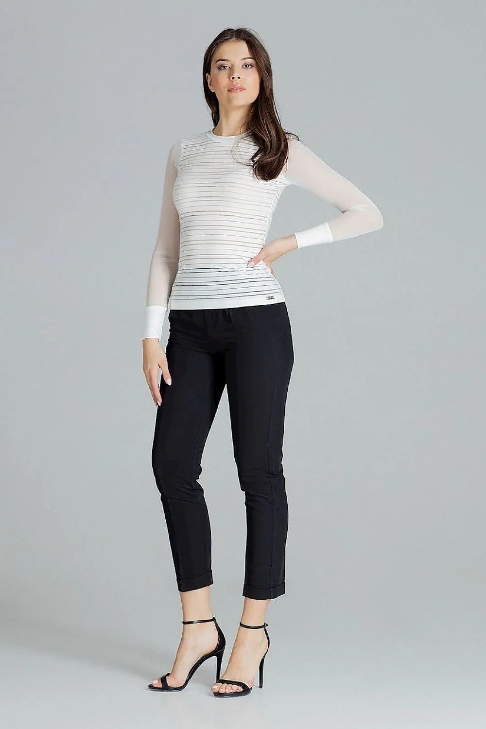 Haut moderne transparent manches longues en maille élégant blanc ajusté rayures pour tenues sophistiquées