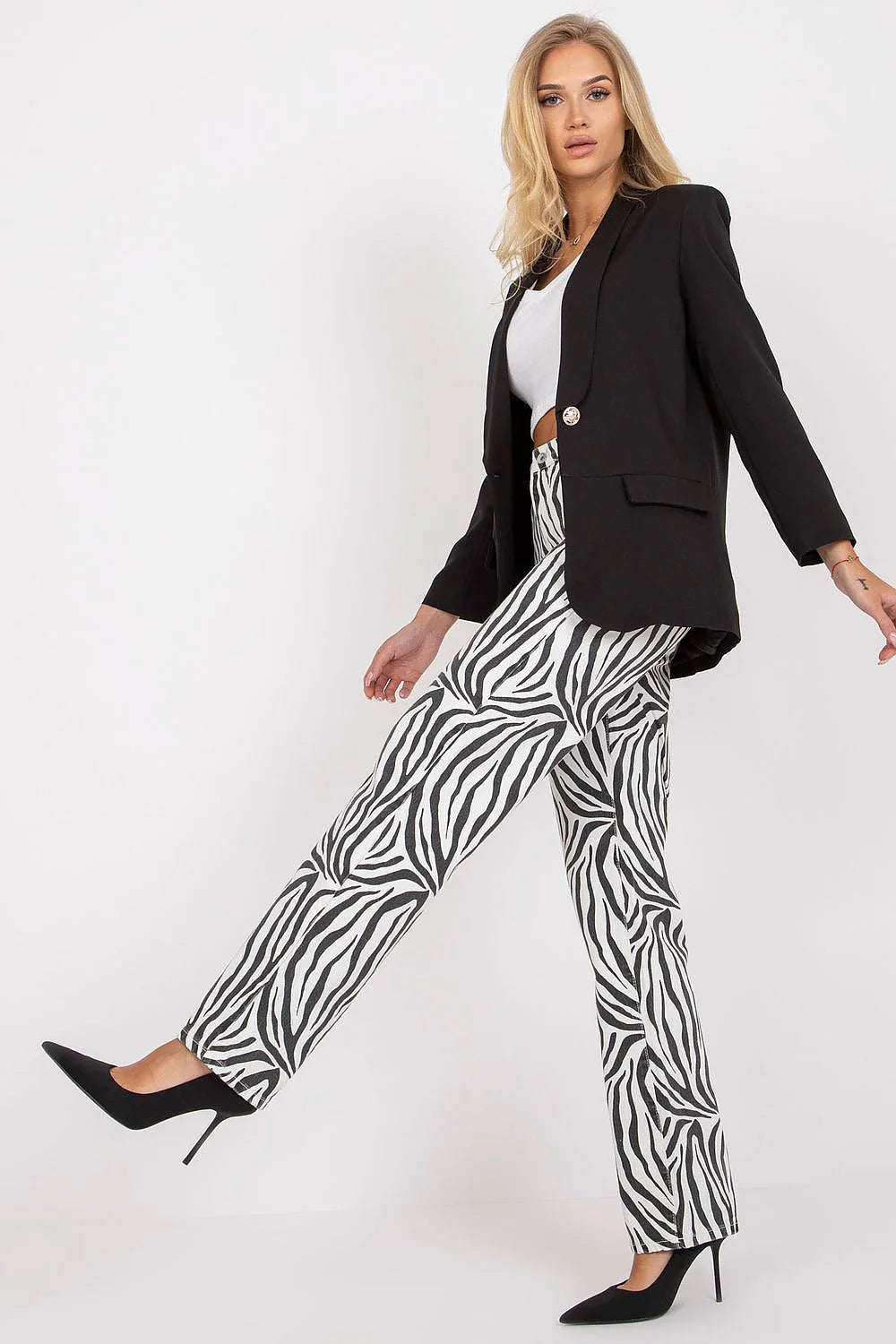 Blazer femme Italy Moda noir classique élégant coupe droite boutons dorés crop top blanc pantalon rayures zébrées高 waist denim