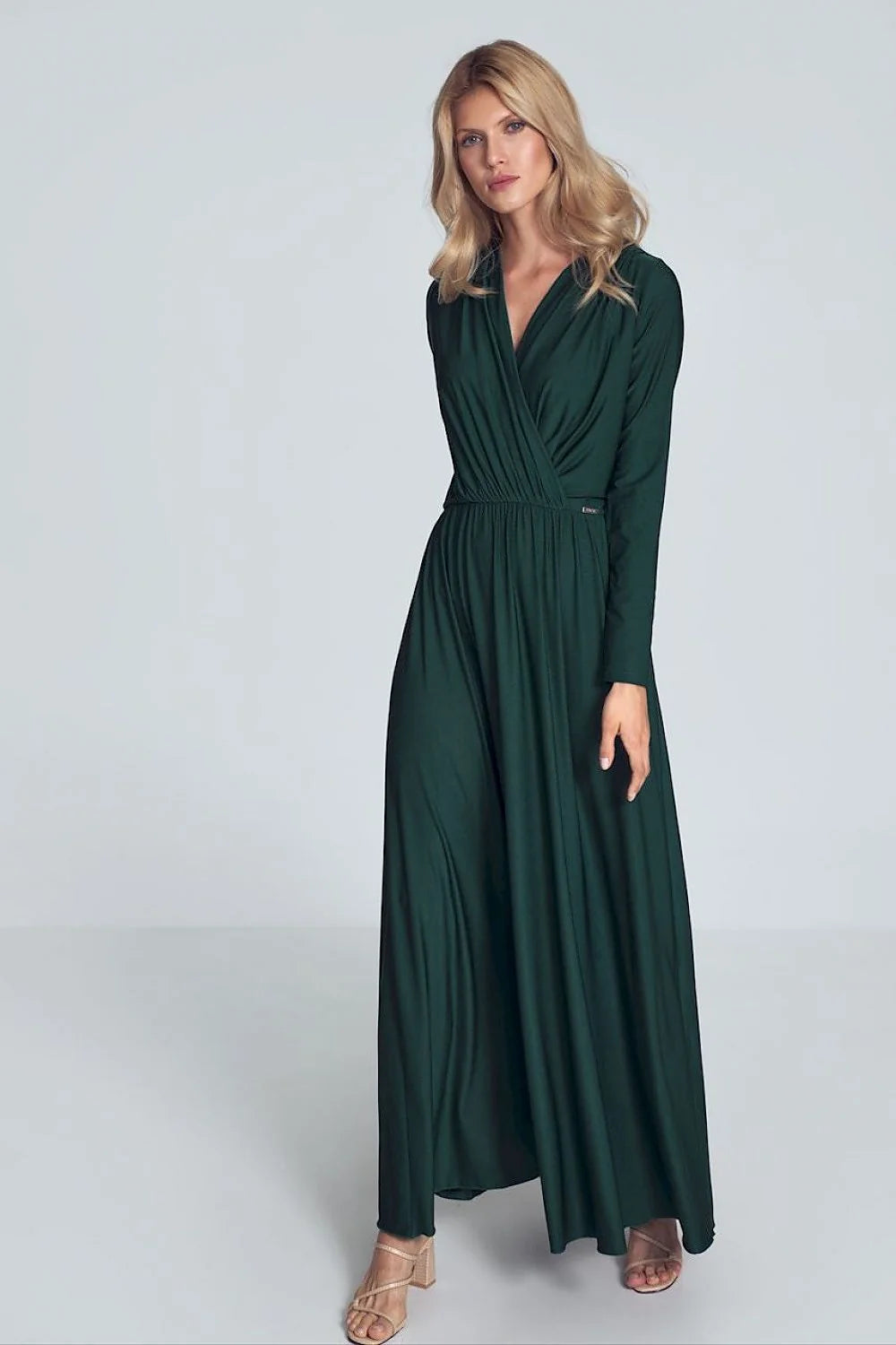 Robe longue jersey élégante manches longues col V croisé camel femme silhouette chic et confortable