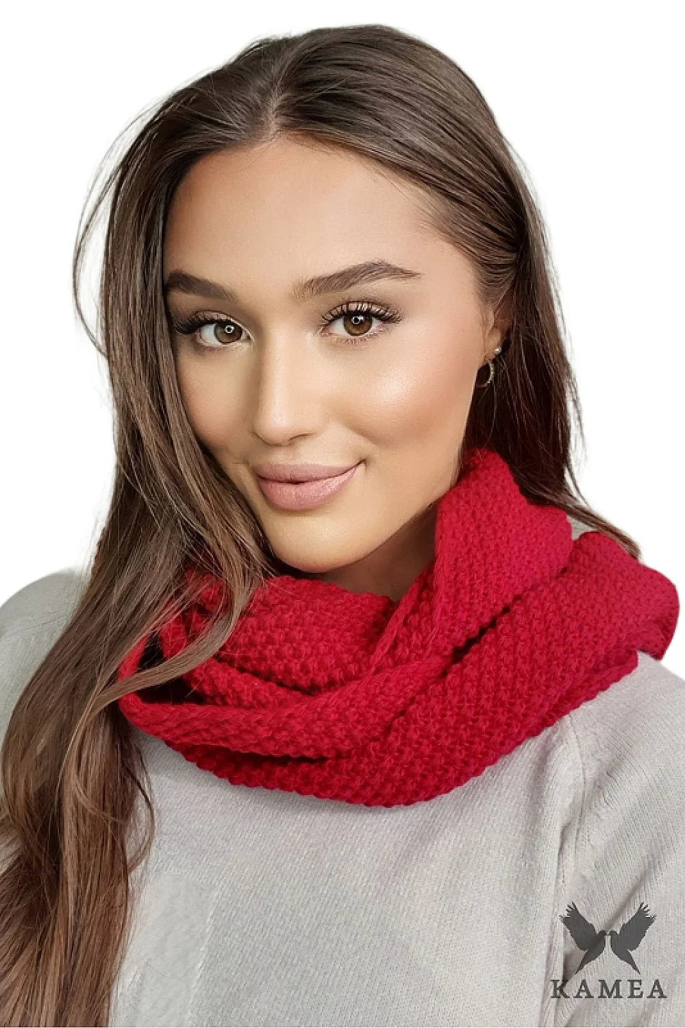 Ensemble pour femme Kamea bonnet écharpe hiver laine mixte style moderne motif torsadé couleur rouge vif