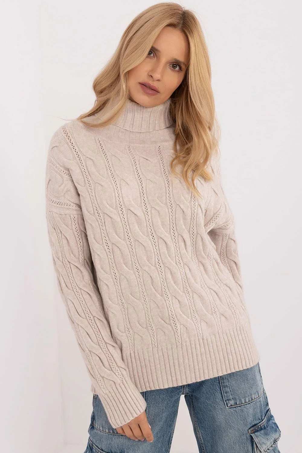 Pull à col roulé en tricot épais motif torsade beige clair pour femme, taille universelle, manches longues, finitions côtelées