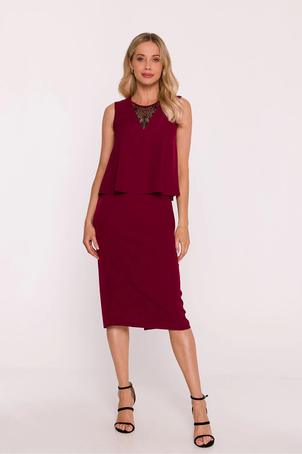 robe soirée crayon femme midi bordeaux profond top superposé fluide col V dentelle noire sans manches fente dos fermetures cachées