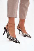 escarpins femme zèbre imprimé noir blanc bout pointu bride arrière élastiquée talon aiguilles moyen texture velours semelle cuir artificiel élégant