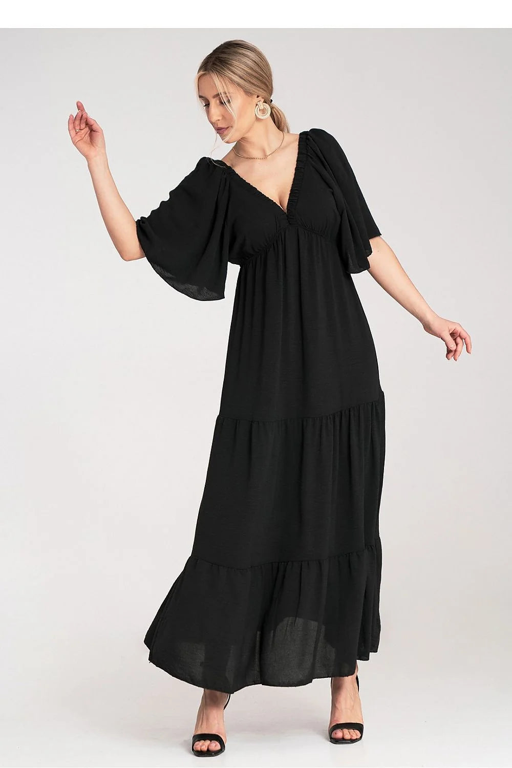 Robe de jour élégante A-lining V-neck papillon manches courtes volants polyester noire polyvalente femme