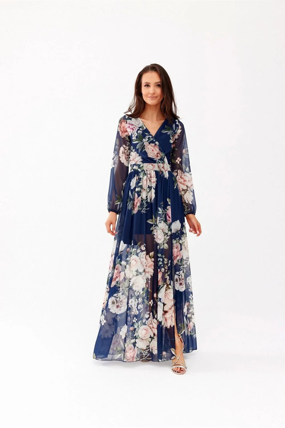Robe de jour élégante Roco Fashion longue manches longues transparentes encolure V motifs floraux bleu marine femmes