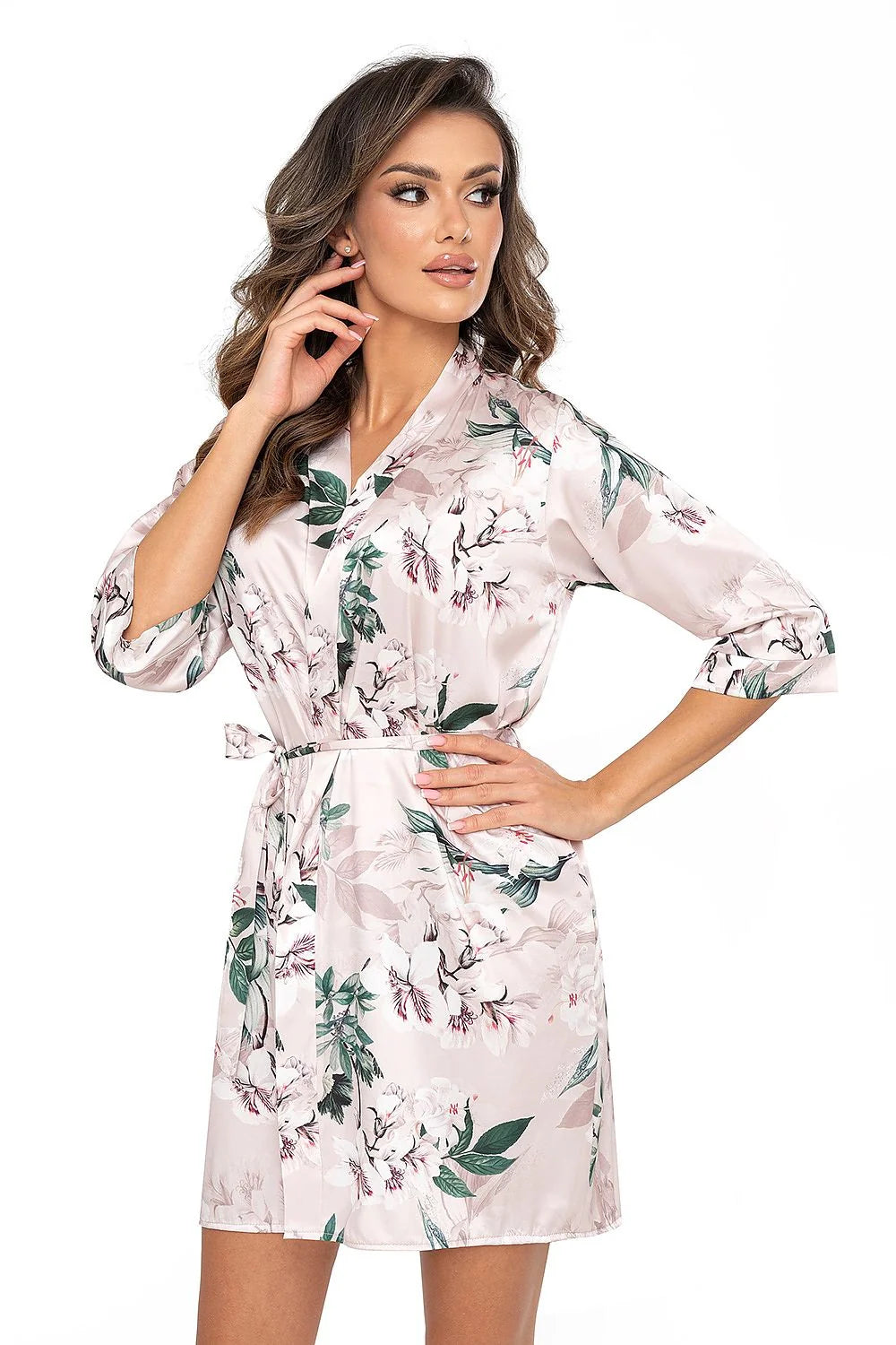 Peignoir féminin élégant en satin floral rose poudré manches 3/4 ceinture ajustable taille ajustable femmes