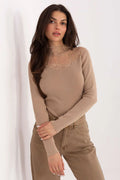 chemisier élégant ajusté féminin sensuel subtil rayé texturé viscose polyester élastique doux manches longues insertion dentelle col roulé