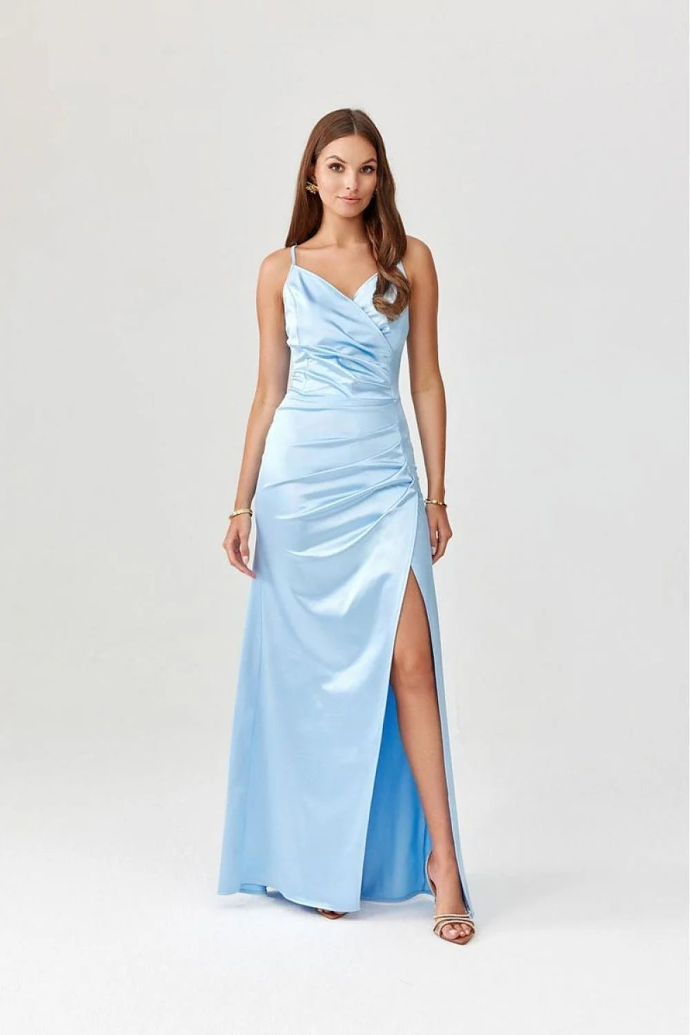 Robe longue Roco Fashion robe de soirée élégante longue manches courtes dos nu satin bleu ciel taille ajustable femme