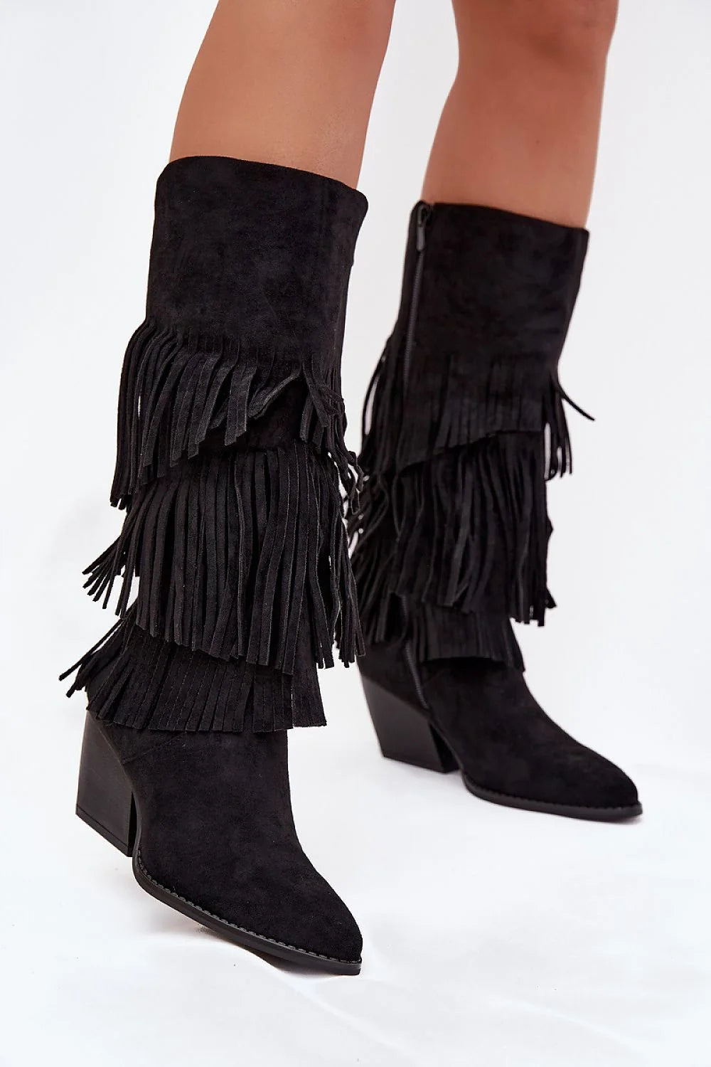 bottes western femme suédine écologique franges superposées bout pointu talon bloc moyen doublure fourrure fermeture eclair confort chaud boheme rock