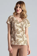 Chemisier Figl en polyester et élasthanne manches courtes col en V motifs floraux et animaliers beige marron noir femme