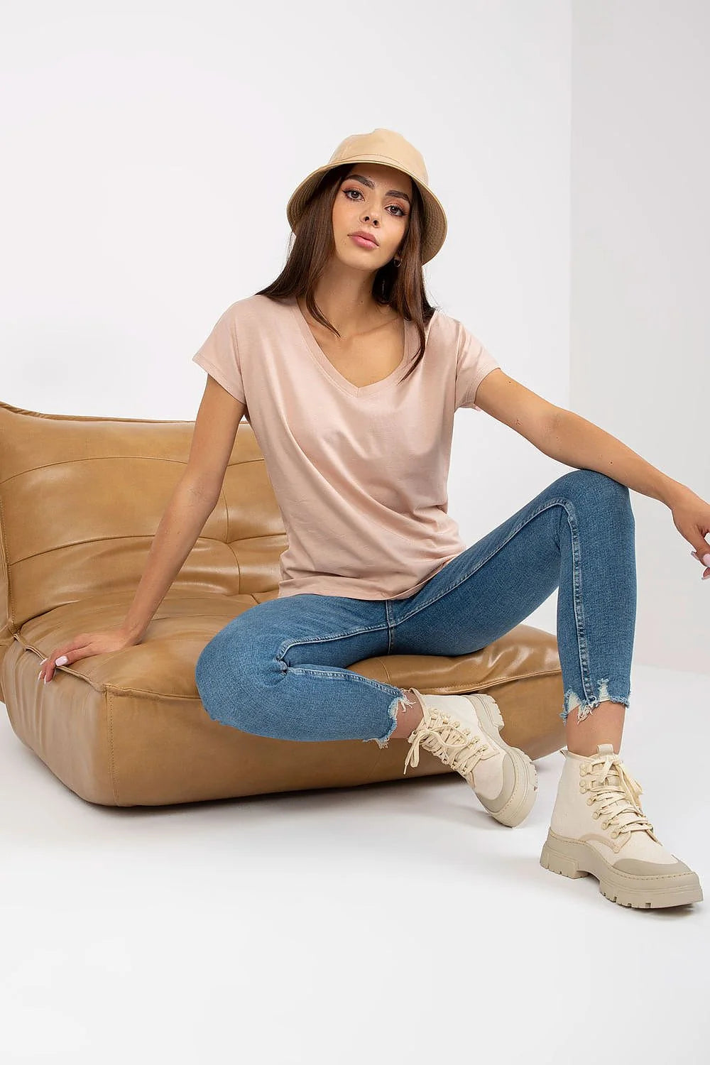 T-shirt femme décontracté couleur marron terre V-neck coton élasthanne loose quotidien